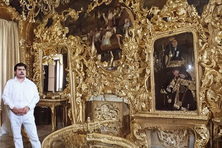 Image similar to el chapo standing in the middle of a grandiose mexican mansion. everything is made out of gold. el chapo is sipping on wine. the mansion is incredible and ornate. chapo has a clockwork chain. there are princesses and queens everywhere around him