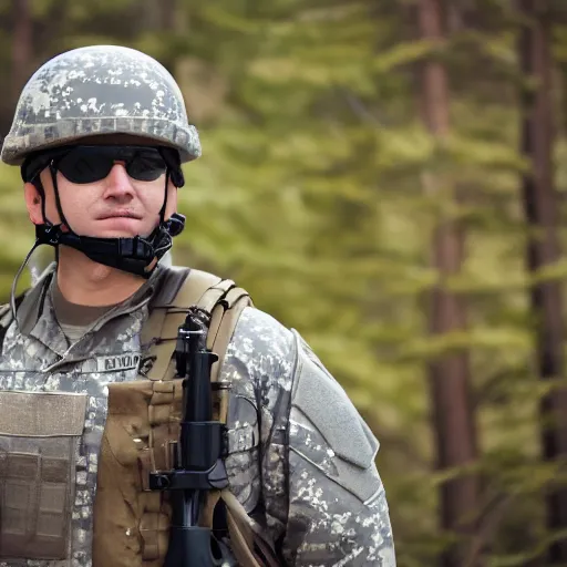 Image similar to Fox dressed in a modern American soldier uniform with a helmet, 85mm f/1.4