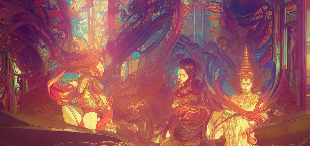 Prompt: a buddhist temple, netrunner accents, vaporwave aesthetic, colorful, psychedelic, digital painting, artstation, concept art, smooth, sharp focus, illustration, art by artgerm and greg rutkowski and alphonse mucha