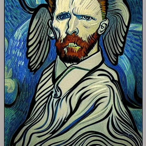 Image similar to realism!!!! tattoo design sketch of a Magestic Angel, van gogh!! style, in the style of Da Ink