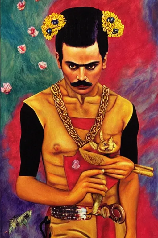 Image similar to Freddy mercury in Frida Kahlo painting style