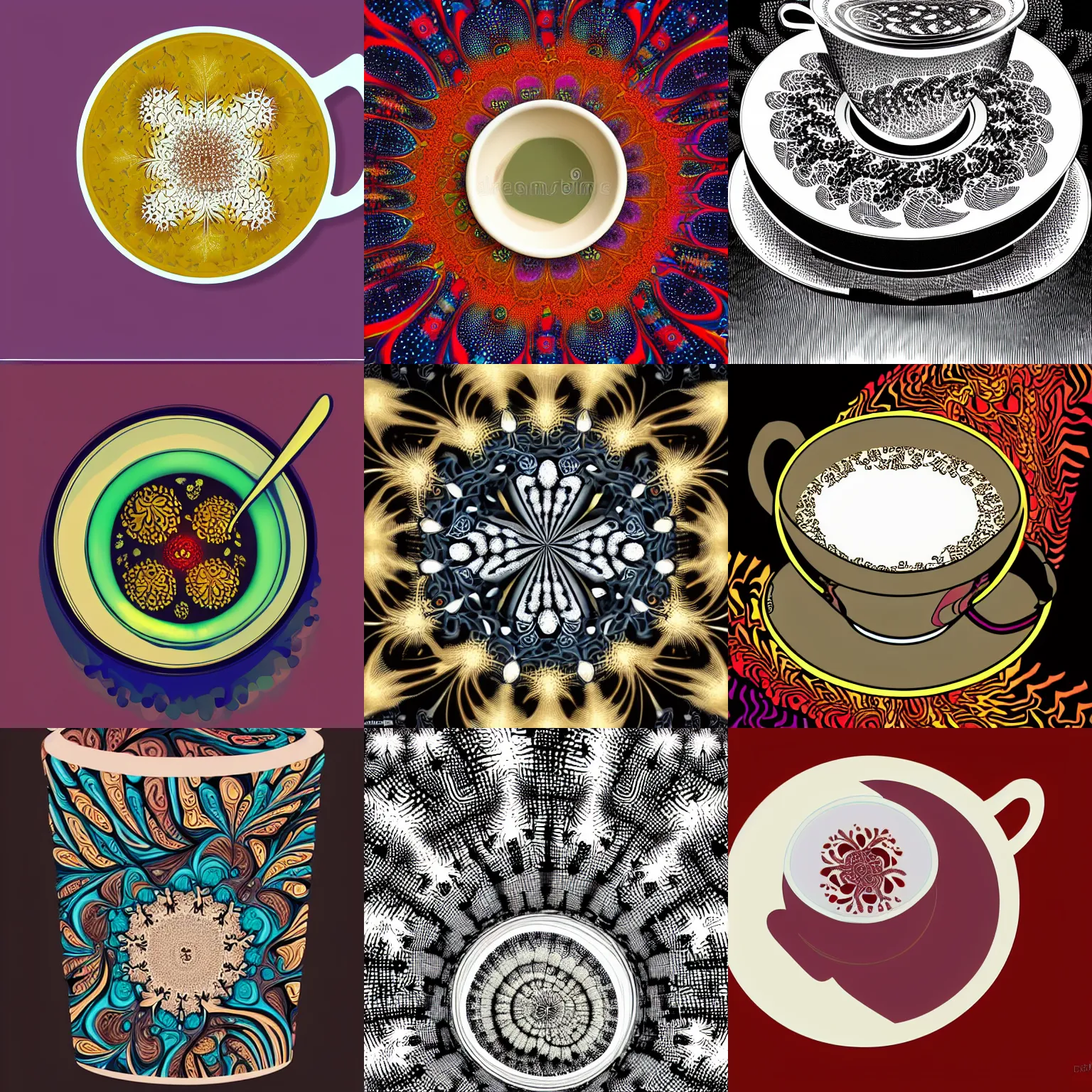 Prompt: mandelbrot fractal in a cup of tea, digital illustration, trending on art galleries