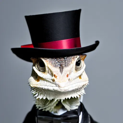 Image similar to dslr portrait still of a bearded dragon wearing a top hat and bow tie, 8 k 8 5 mm f 1. 4