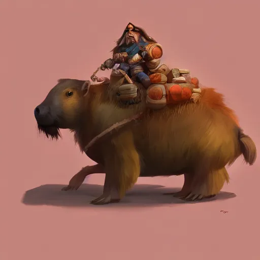 Image similar to Dwarf Riding a giant capybara carrying trinkets, camera underneath, art by World of Warcraft Art Direction and Sergey Kolesov, art station, concept art,