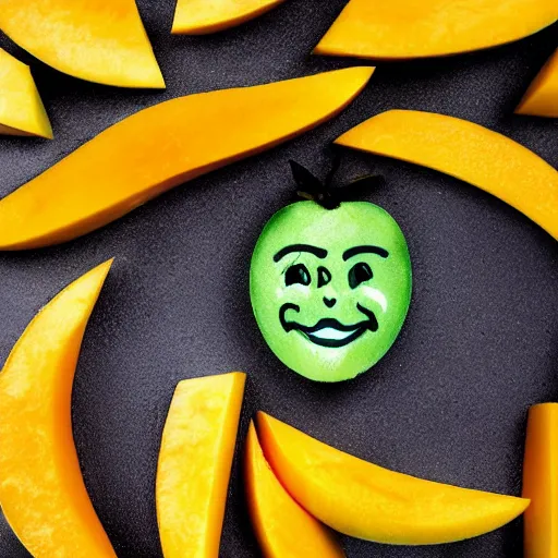 Image similar to A mango with human face smiling mischievous, Wicked smile