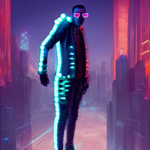 Image similar to a beautiful commission portrait of a male anthro cheetah wearing a neon jacket,futuristic,detailed face,mohawk,cyberpunk city,deviantart,artstation,art by greg rutkowski,ross tran,professional lighting,neon city,night,raytracing,highly realistic,4k,dramatic,hyperrealism