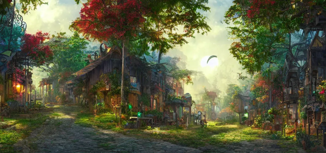 Prompt: Look of a solarpunk village, full daylight, morning, cartoon moody scene, digital art, 8k, colorful details of lush nature covering the streets