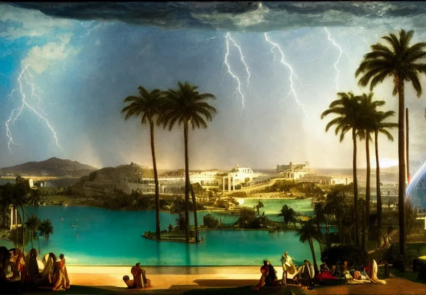 Image similar to Palace floating in the sky, refracted sparkles, thunderstorm, greek pool, beach and palm trees on the background major arcana sky, by paul delaroche, hyperrealistic 4k uhd, award-winning, very very very detailed