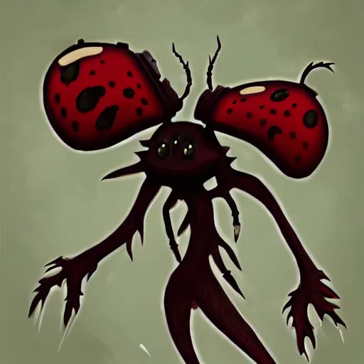 Prompt: ladybug as a monster for video game, fantasy art style, scary atmosphere, nightmare - like dream