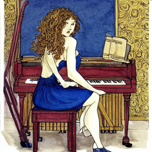 Image similar to girl with curly blonde hair sitting at a piano, art by rebecca guay