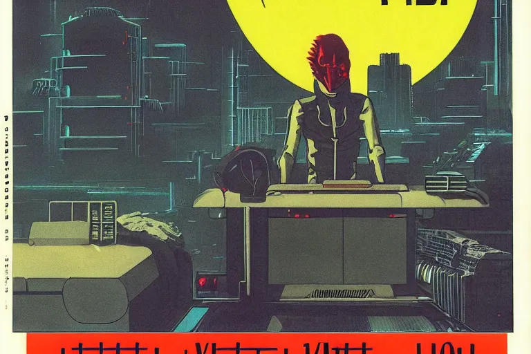 Image similar to 1979 Magazine Cover of an argonian mage sitting on a desk with a large circular window to neo-Tokyo streets behind him. in cyberpunk style by Vincent Di Fate