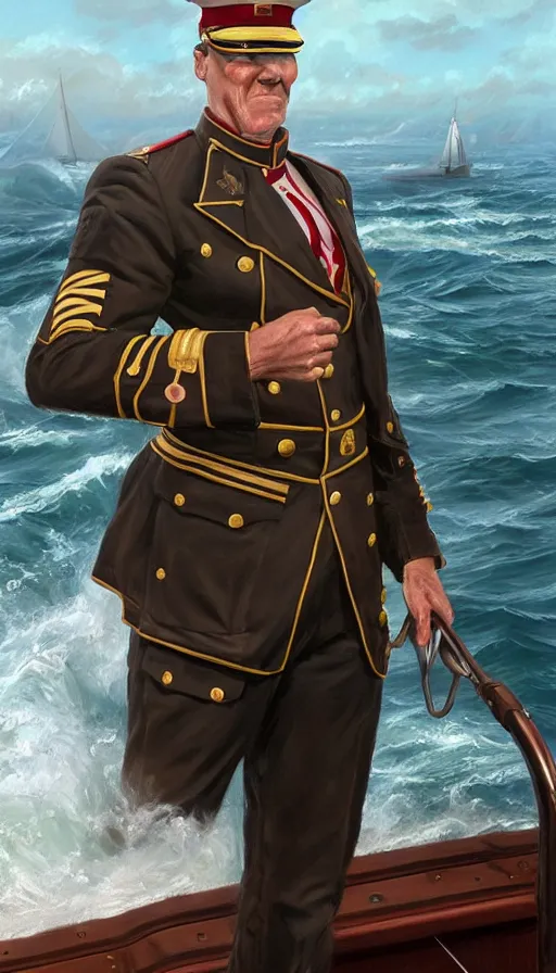 Image similar to proud commodore marine captain, pairate style, stern look, late xix century commander vest, full body portrait xix immpresionist paint, ship deck on wild ocean background, highly detailed, digital painting, artstation, concept art, sharp focus, illustration, art by Artgerm, Greg Rutkowski, Craig Mullins, WLOP, Ross tran, James Jean, Andrei Riabovitchev, magic the gathering, - W 640