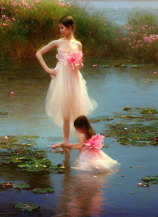 Prompt: There are many pink lotus and green lotus leaves on the dark blue sea, by Vicente Romero Redondo