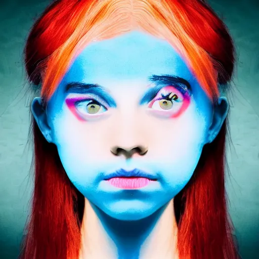 Prompt: symmetrical portriat of a girl with red hair on right and blue hairs on left side