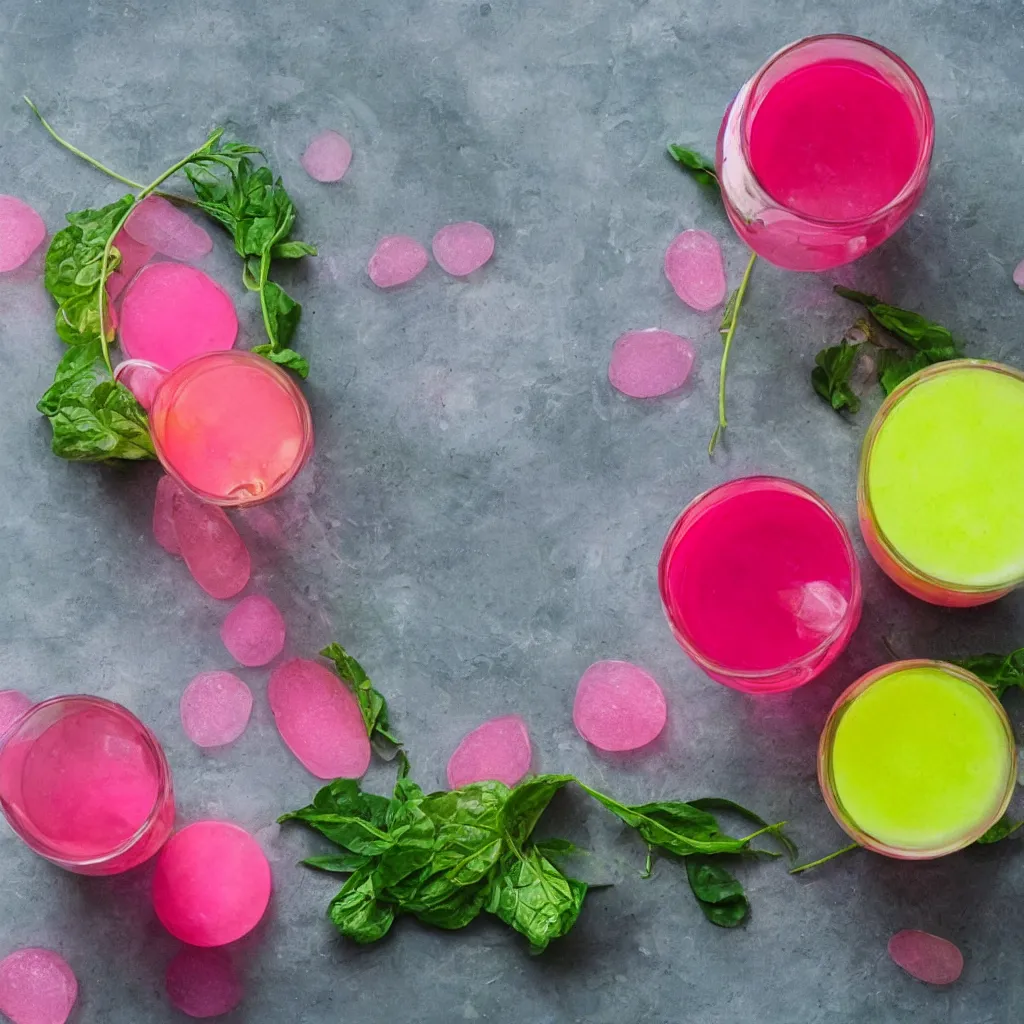 Prompt: pink glass with green juice, art atation