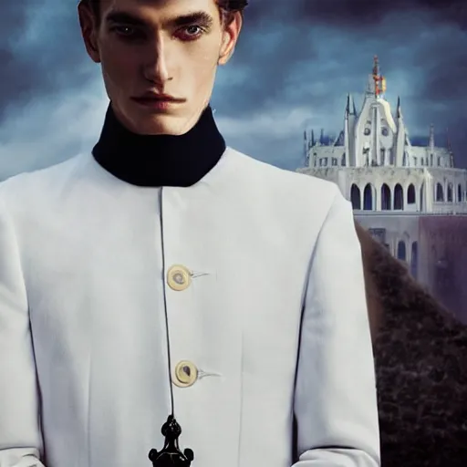 Image similar to portrait of a regal prince with sharp cheekbones, white clothes, high collar, close up, wistful melancholic hopeful expression, super details, surrounded by furious people, modern digital art, matte painting, science fiction