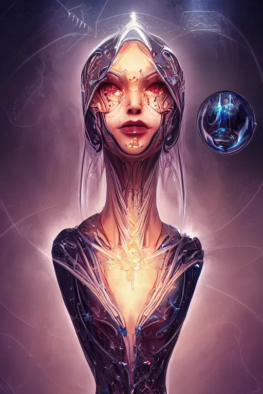 Prompt: A Beautiful Blackhole Sorceress, biomechanical, digital art, fantasy, magic, trending on artstation, ultra detailed, professional illustration by David Romero, ArtGerm, WLOP