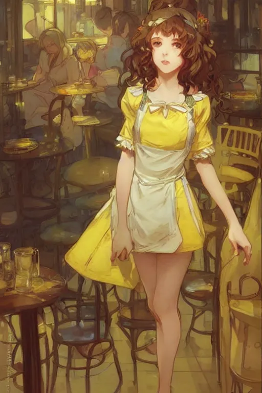 Prompt: A girl in a maid's outfit in a cafe a afternoon, wavy hair yellow theme,S line,45 angel by krenz cushart and mucha and wlop and greg rutkowski