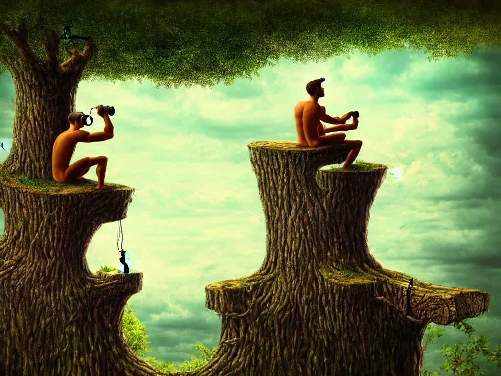 Image similar to highly detailed photo of a man sitting on a tree trunk looking to the left with binoculars, trending on deviantart, neo surrealism, sharp focus, a lot of little details, octane, masterpiece, art by max ernst