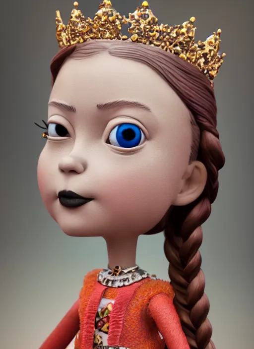 Image similar to closeup face profile portrait of tin toy greta thunberg as a fairytale goth princess wearing a crown eating cakes, bikini, depth of field, zeiss lens, detailed, symmetrical, centered, fashion photoshoot, by nicoletta ceccoli, mark ryden, lostfish, breathtaking, 8 k resolution, extremely detailed, beautiful, establishing shot, artistic, hyperrealistic, octane render