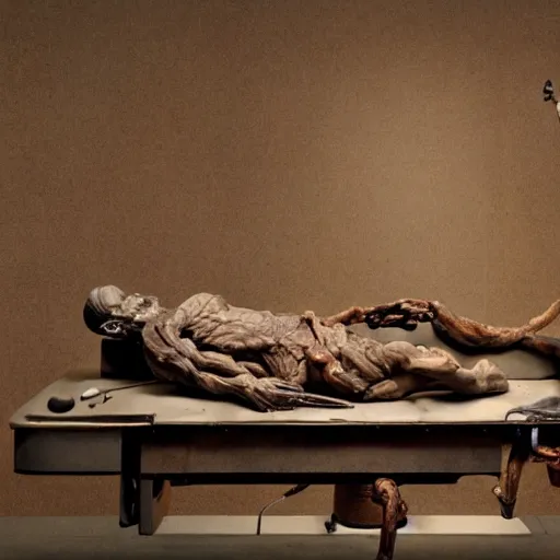 Image similar to hyperrealistic sculpture of a fossilized bronze prisoner being organ harvested on an operating table, by ron mueck and duane hanson and lee bontecou and giacometti, patina, hyperrealistic dramatic volumetric lighting octane render 8 k