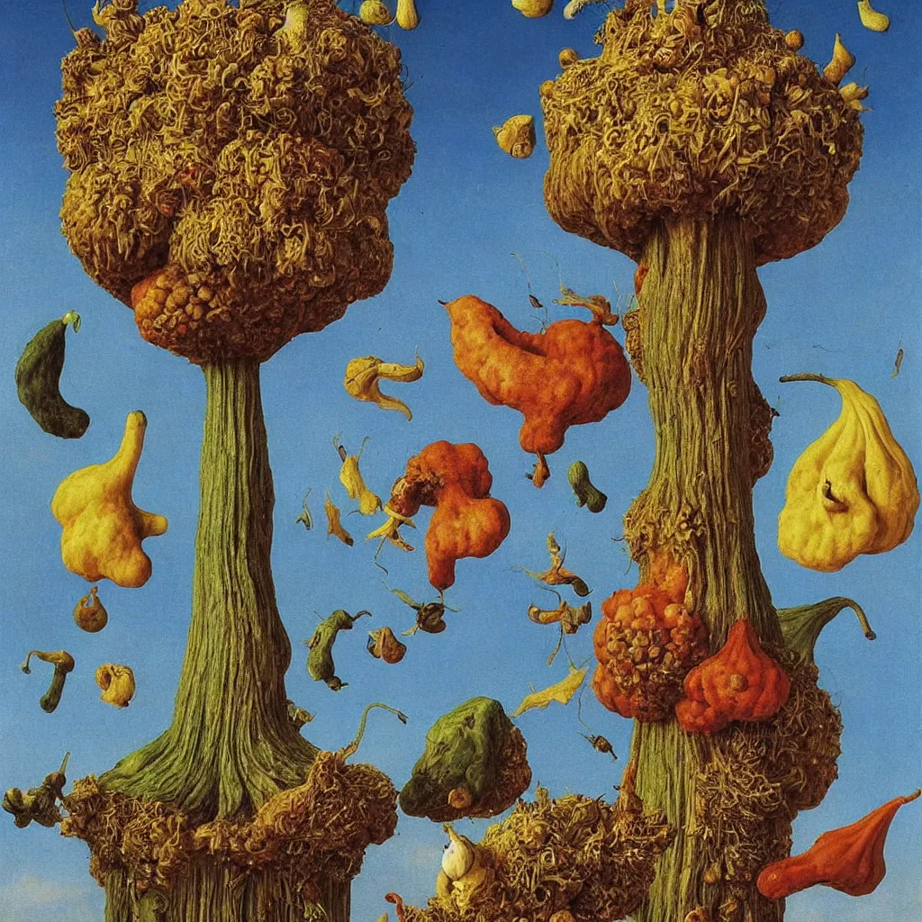 Prompt: a single! colorful! ( eldritch ) gourd fungus bird tower clear empty sky, a high contrast!! ultradetailed photorealistic painting by jan van eyck, audubon, rene magritte, agnes pelton, max ernst, walton ford, andreas achenbach, ernst haeckel, hard lighting, masterpiece