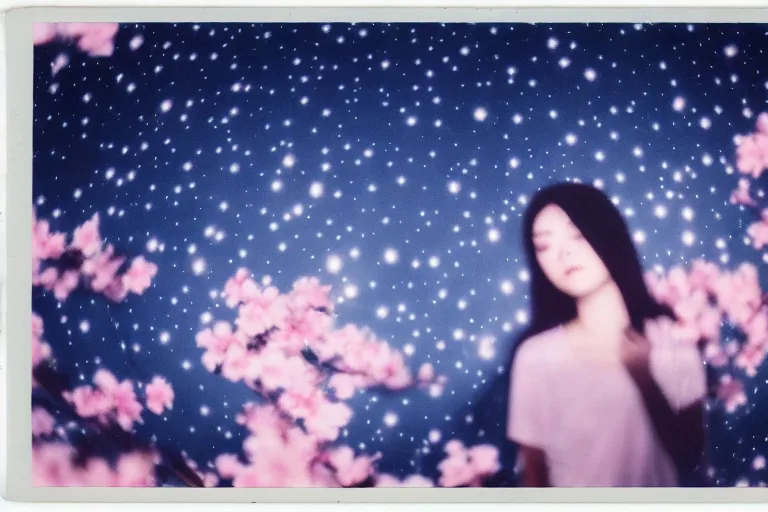 Image similar to blured shadow of sleepy young woman on white light, focused background blue night sky with stars, blossom sakura, polaroid photo