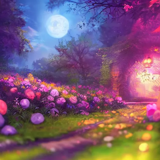 Image similar to An enchanted forest, colorful flowers, pathway, reflection, moonlight, fantasy scene, clear sky, illustration, depth of field, ruins, soft light, high definition, detailed, 8k, Artstation, fantasy art