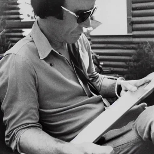 Prompt: 1 9 7 0 s vintage photograph of hunter s. thompson using an ipad, very detailed, very intricate,