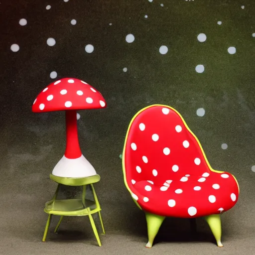 Image similar to A toad seated on an amanita-colored chair, a frog in a relaxing pose manspreading on a toadstool, chair with a red polka dot pattern