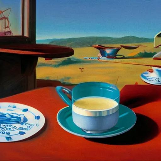 Prompt: cup of yogurt on table foreground, intricate detail, 8k optane render, background has a blue sky, optimistic colors, background by Robert McCall, solarpunk