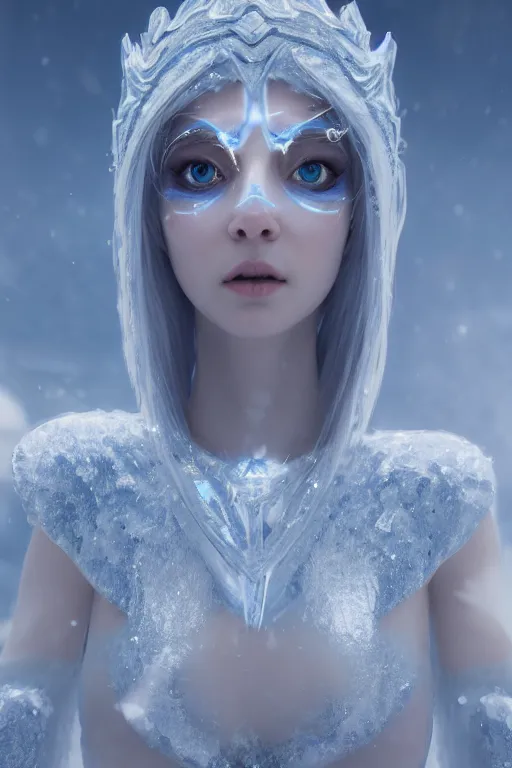 Image similar to ice goddess with beautiful face with a glowing blue crystal on her forehead, frosty white eyes, winter mist around her, white plated armor, pale skin, white smoke ， photorealism, octane render, frostbite, 8 k, cinematic, 3 5 mm, aspect ratio
