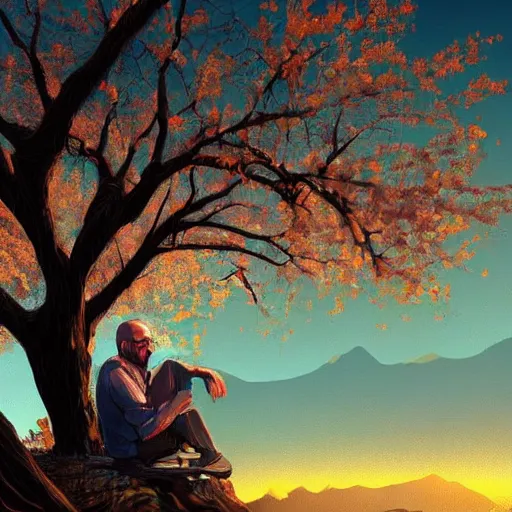 Image similar to featured on artstation walter white sitting under a cherry tree overlooking valley waterfall sunset beautiful image stylized digital art