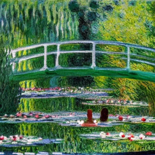 Prompt: a diver diving into a lake with lilypads by claude monet