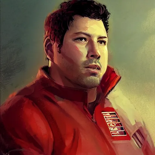 Image similar to portrait of a man by greg rutkowski, he looks like greg grunberg, tall and burly, star wars expanded universe, he is about 3 0 years old, wearing red and white starfighter pilot uniform from the galactic triunvirate.