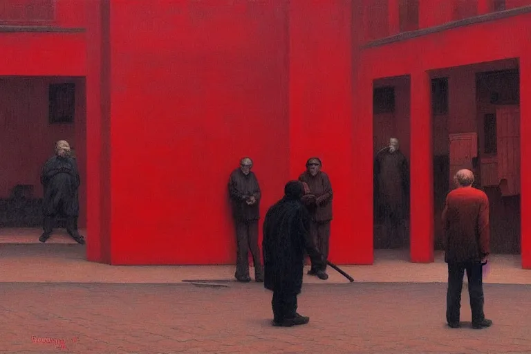 Image similar to only with red, a red old man try to sell a portrait, a crowd cheering, in a city square, in the style of beksinski, parts by edward hopper, parts by rodcenko, parts by yue minjun, intricate and epic composition, red by caravaggio, insanely quality, highly detailed, masterpiece, red light, artstation, 4 k