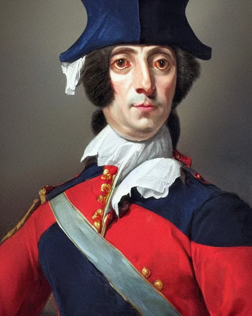 Prompt: portrait of cute dark brown cat with serious expression wearing 1 8 th century royal guard uniform in navy blue and red, joseph ducreux, greg rutkowski, regal, royal, princely, painting