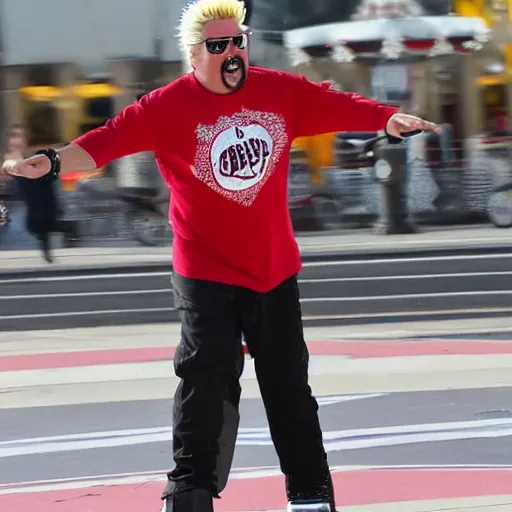 Prompt: guy fieri rollerblading at target