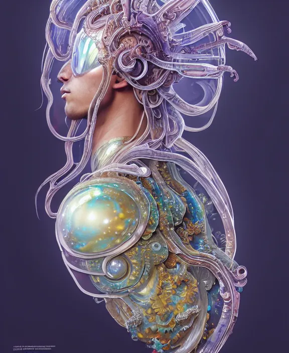 Prompt: intricate ornate opulent transparent clear see - through portrait of a beautiful male gundam alien sea slug, mottled coloring, adorable, childlike, overgrown jungle environment, ultra realistic, concept art, art nouveau, photorealistic, octane render, 8 k, unreal engine. art by christopher marley and artgerm and greg rutkowski and alphonse mucha