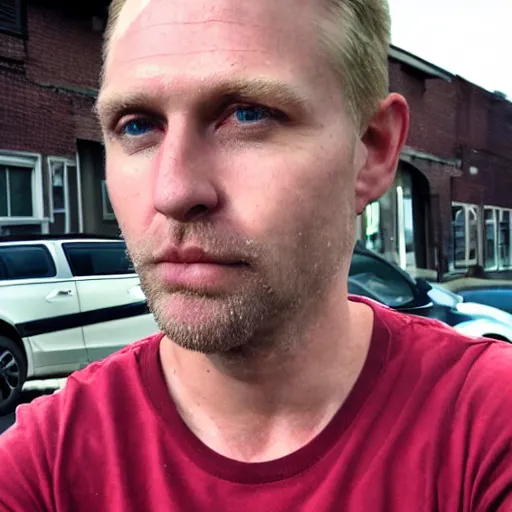 Image similar to full face color photograph of a 40 year old very handsome white man with very short, wavy, light blond hair and small blue eyes, dressed in a maroon t shirt and black jeans, with very thin lips, with a straight nose and blond stubble on his oval face, and pale skin. He resembles a lion.