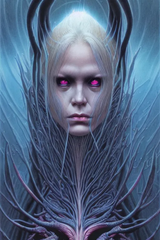 Prompt: female demon in the wild nature, dressed, blonde hair, symmetry, sci - fi, dark fantasy, by wayne barlowe