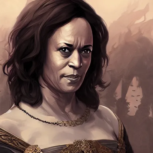 Prompt: kamala harris in game of thrones, highly detailed digital painting, artstation, concept art, smooth, sharp focus, illustration, art by artgerm and greg rutkowski and alphonse mucha