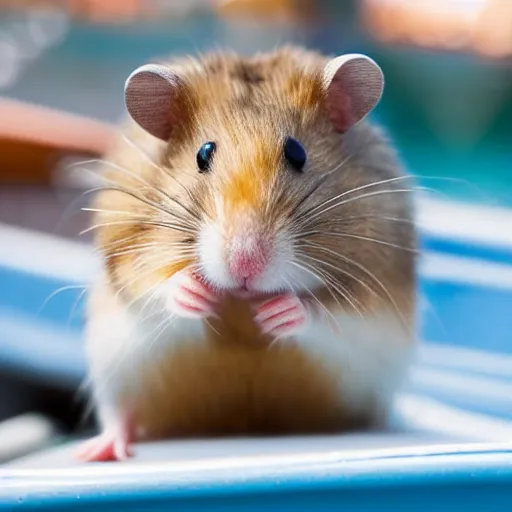 Prompt: a hamster drinking a martini in a boat in Hawaii, dslr photo, bokeh
