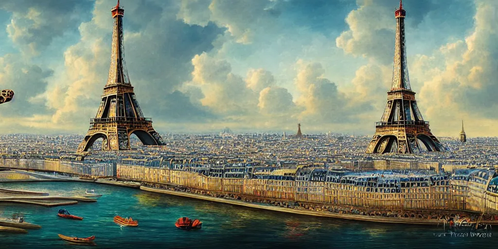 Image similar to master piece stunning digital painting of a parisian small city contained on the top of a giant sea turtle