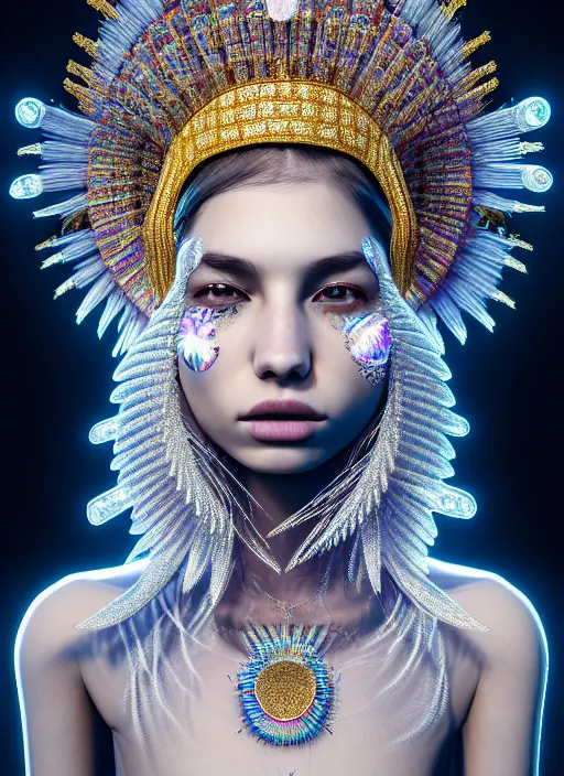 Prompt: absurdly beautiful, fashionable young woman with clear white skin, wearing a headdress made from diamonds and gold, in the fourth dimension, psychedellic, ayahausca, tryptamine, hyperdetailed illustration by irakli nadar and alexandre ferra, intricate linework, unreal engine 5 highly rendered, global illumination, radiant light, detailed and intricate environment