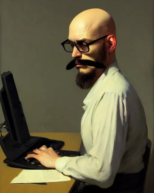 Prompt: a bald hacker with a moustache and glasses at the computer. fantasy art by greg rutkowski, gustave courbet, rosa bonheur, edward hopper. faithfully depicted facial expression, perfect anatomy, sharp focus, global illumination, radiant light, detailed and intricate environment, trending on artstation