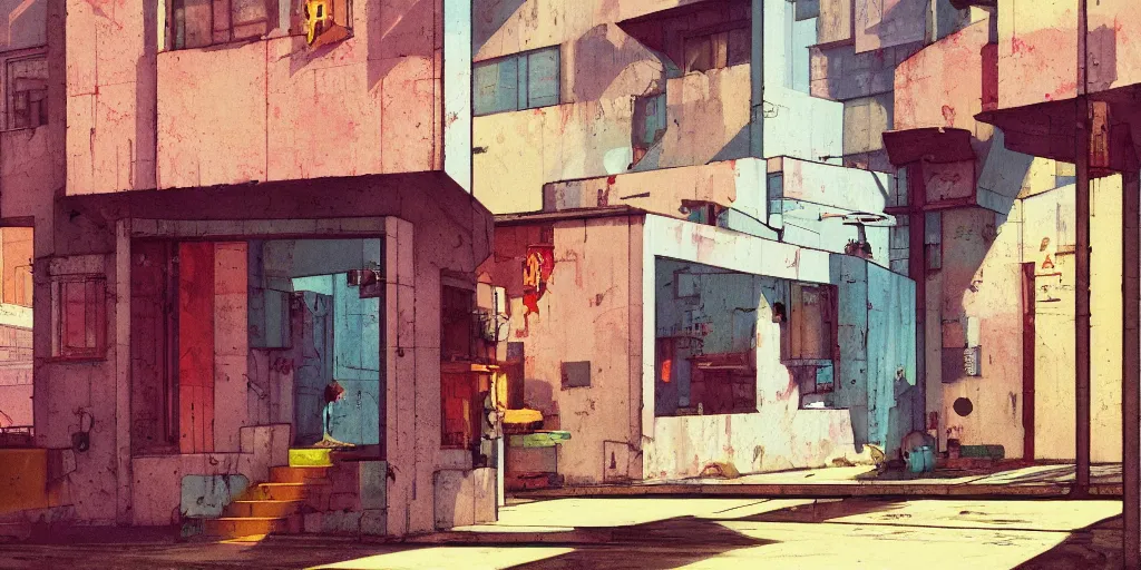 Image similar to neo brutralism, concrete housing, concept art, colorful, vivid colors, light, shadows, reflections, oilpainting, cinematic, 3D, in the style of Akihiko Yoshida and Edward Hopper