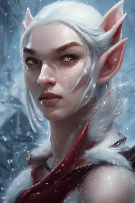 Image similar to dungeons and dragons snow elf character closeup portrait, dramatic light, dungeon background, 2 0 0 mm focal length, painted by stanley lau, painted by greg rutkowski, painted by stanley artgerm, brom, digital art, trending on artstation