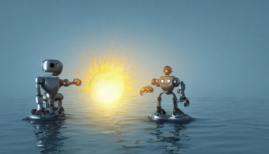 Prompt: robot, water, sun, pencil sketch, 3 d render