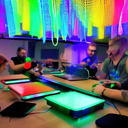 Prompt: experimental photo at the goulash programming night 3 2, hacker event, rainbow led lights, plastic ball pool, 3 d printers, laptops